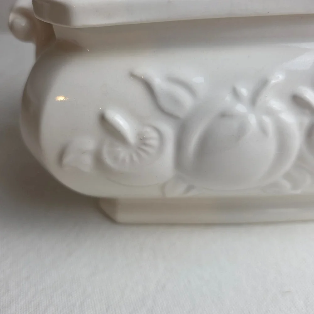 Vintage 50s Himark White Ceramic Fruit Embossed Tureen Lid Ladle Farmhouse Decor